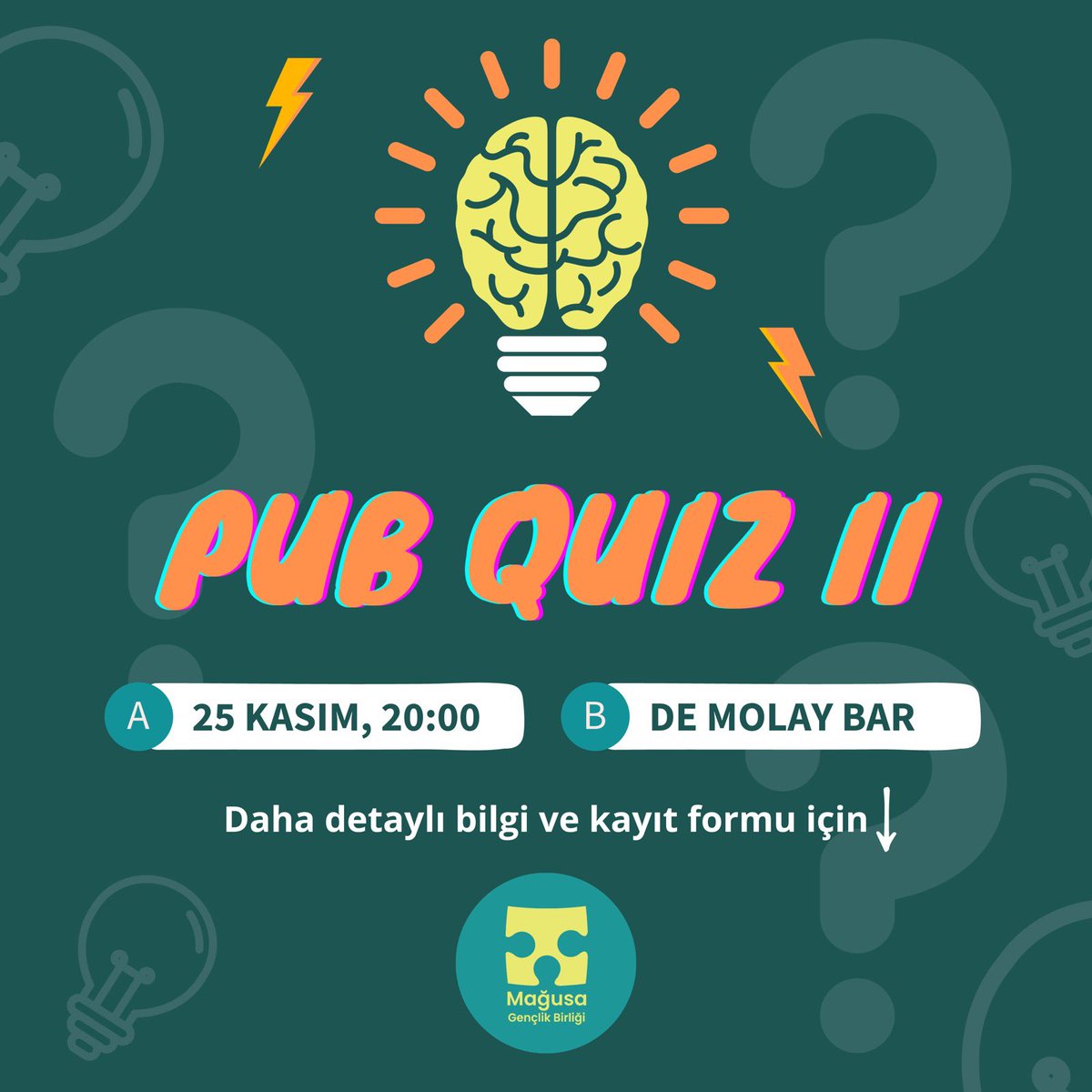 🫶🏼Pub Quiz II, 25 Kasım saat 20:00'da De Molay Bar'da! 🎉

🔗Kayıt olmak için: forms.gle/i88hK7fExmCtx8…