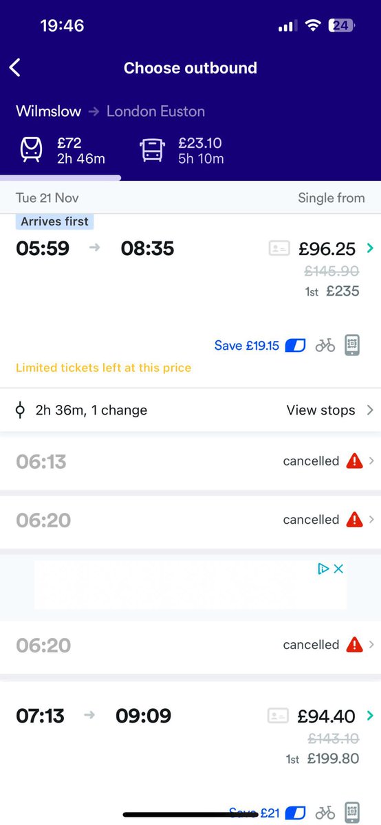 richmondtom's tweet photo. @AvantiWestCoast you’ve just cancelled these 3 trains from Wilmslow tomorrow with no explanation? What are they cancelled and what services can infuse my tickets on? https://t.co/q7N8MSuquj