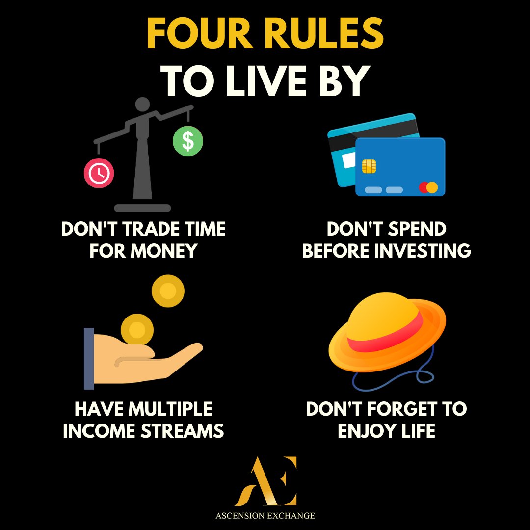 ascension_exch's tweet image. Here are some rules to follow if you wish to live a life of freedom and satisfaction. Do you follow any of these rules? Do you have your own rules? Share with us! #AscensionExchange #empoweringwomen #businesswomen #womenentrepreneurs #womensucceed #womeninbusiness #womensupport