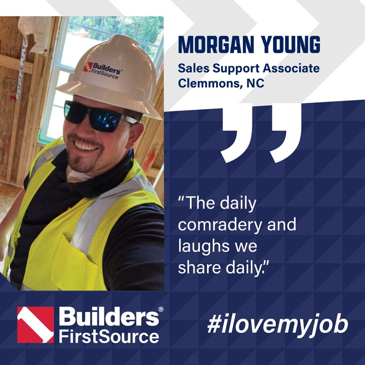 Celebrate #CareersInConstructionMonth with us! We're thrilled to spotlight some of our outstanding BFS team members. 

👷‍♂️ Morgan Young
💼 Sales Support Associate 
📍 #ClemmonsNC

 'The daily comradery and laughs we share daily.'