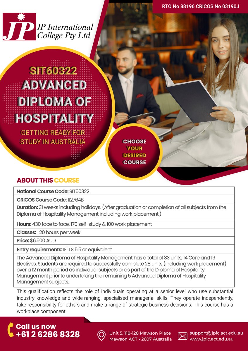 JP International College (@jpinternation15) on Twitter photo SIT50422 Diploma of Hospitality Management
For more information:
jpic.act.edu.au
marketing@jpic.act.edu.au
+61 262868328
#JPIC
#StudyInAustralia
#HospitalityEducation
#CanberraCollege
#GlobalHospitality SIT50422 Diploma of Hospitality Management
For more information:
jpic.act.edu.au
marketing@jpic.act.edu.au
+61 262868328
#JPIC
#StudyInAustralia
#HospitalityEducation
#CanberraCollege
#GlobalHospitality