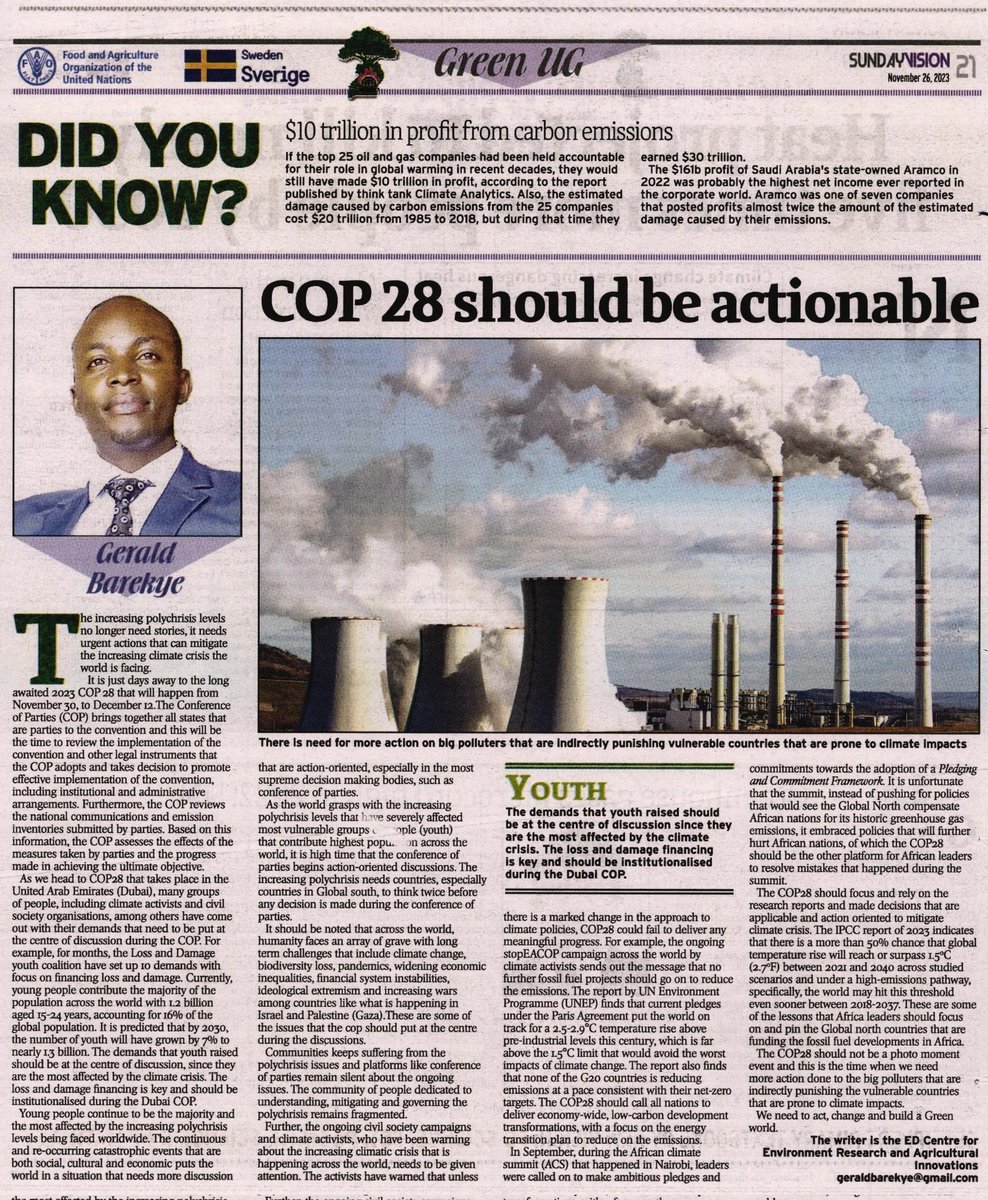 Cop 28 shouldn't be a photo moment,it should be actionable! There is a need for more action on big polluters that are indirectly punishing vulnerable countries which are prone to climate change impacts,our Director @geraldbarekye discusses details 👇