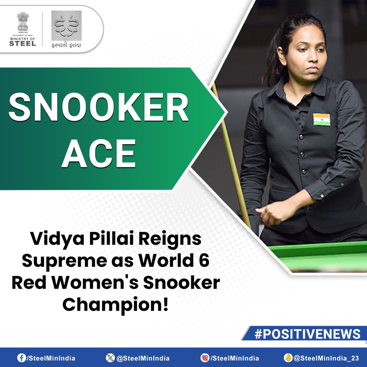 SteelMinIndia's tweet photo. In an epic final showdown at #Doha, #VidyaPillai secured #Gold at the World 6 Red Women Snooker Championships, emerging as the #NewWorldChampion, a significant milestone for Indian women in the sport! ๐ฎ๐ณ๐ฑ๐
#PositiveNews #SnookerAce #ScriptingVictories https://t.co/Fc0a4Du0dQ