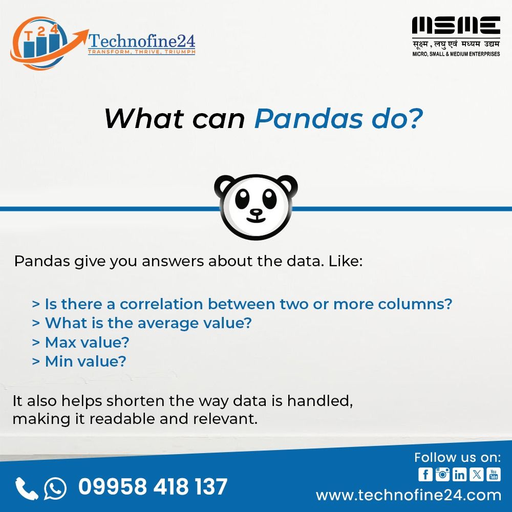 TechnoFine24's tweet image. Unlock the power of programming with pandas in Python! Dive into data manipulation, analysis, and visualization effortlessly. Transform your coding experience with this versatile and powerful library. 🐼🐍 #pythonpandas
#technofine #PythonPandaParty #PandaPowerInPython