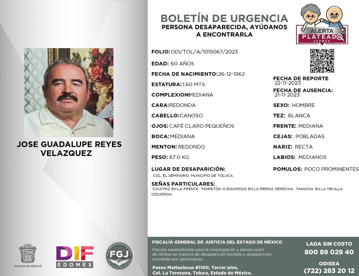 👵🏻👴🏼#AlertaPlateadaEdoméx | ¿Nos ayudas a compartir el siguiente boletín?
Si tienes alguna información, comunícate:  
☎️ | 800 89 02940 
Juntos podemos lograr que regrese a su hogar.