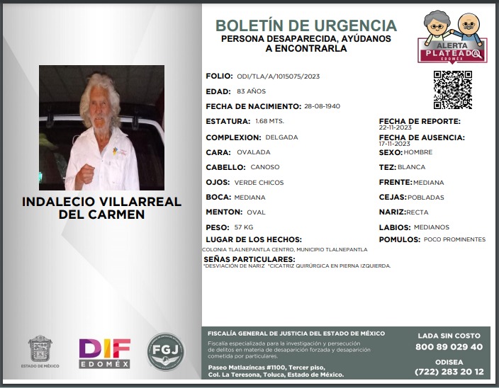 👵🏻👴🏼#AlertaPlateadaEdoméx | ¿Nos ayudas a compartir el siguiente boletín?
Si tienes alguna información, comunícate:  
☎️ | 800 89 02940 
Juntos podemos lograr que regrese a su hogar.