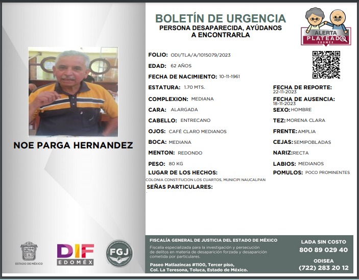 👵🏻👴🏼#AlertaPlateadaEdoméx | ¿Nos ayudas a compartir el siguiente boletín?
Si tienes alguna información, comunícate:  
☎️ | 800 89 02940 
Juntos podemos lograr que regrese a su hogar.