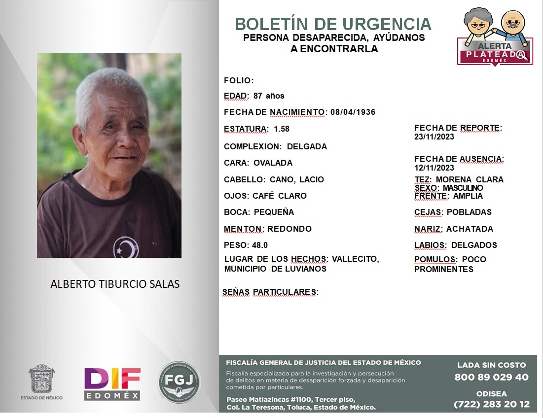 👵🏻👴🏼#AlertaPlateadaEdoméx | ¿Nos ayudas a compartir el siguiente boletín?
Si tienes alguna información, comunícate:  
☎️ | 800 89 02940 
Juntos podemos lograr que regrese a su hogar.