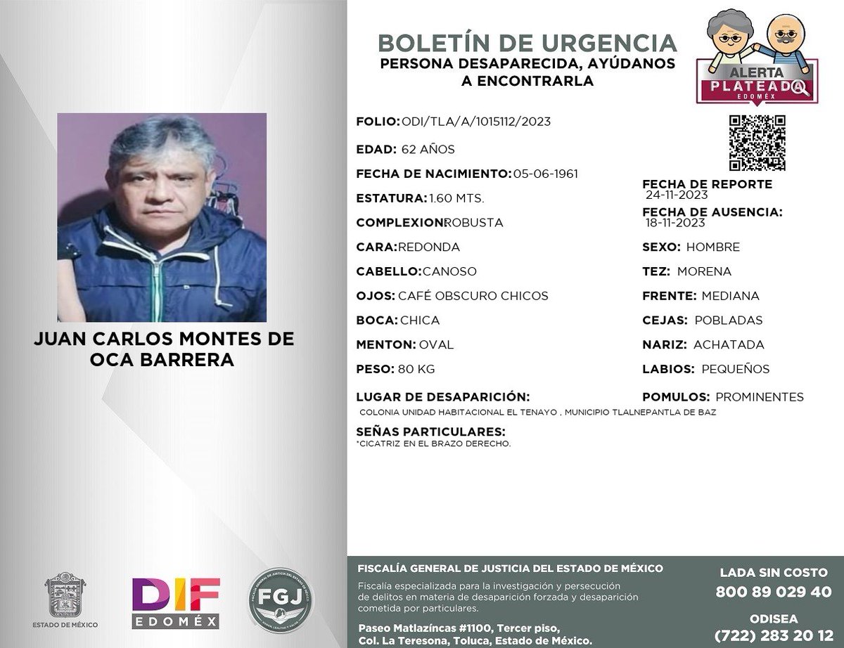 👵🏻👴🏼#AlertaPlateadaEdoméx | ¿Nos ayudas a compartir el siguiente boletín?
Si tienes alguna información, comunícate:  
☎️ | 800 89 02940 
Juntos podemos lograr que regrese a su hogar.