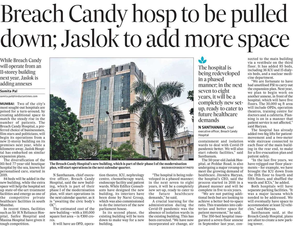 Breach Candy hosp to be pulled down; Jaslok to add more space While Breach Candy will operate from an 11-storey building next year, Jaslok is adding annexes @htTweets @somitapal