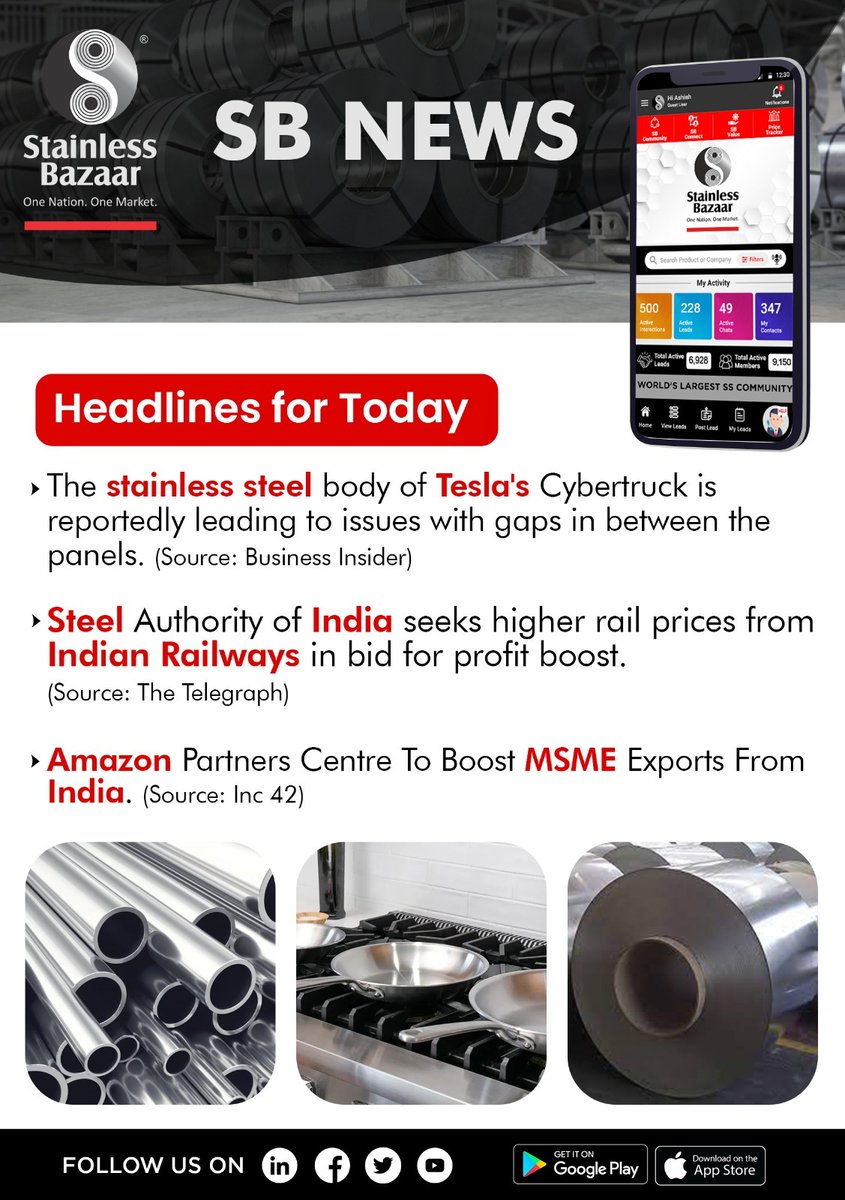 StainlessBazaar's tweet photo. SB News by Stainless Bazaar

1. The stainless steel body of Tesla's Cybertruck is reportedly leading to issues with gaps in between the panels (Source: Business Insider)

Read More: https://t.co/QIcyuP7whI

#SBNews #StainlessBazaar #MSMEs #StainlessSteel #Steel #Tesla #India https://t.co/QPPIXERmbh