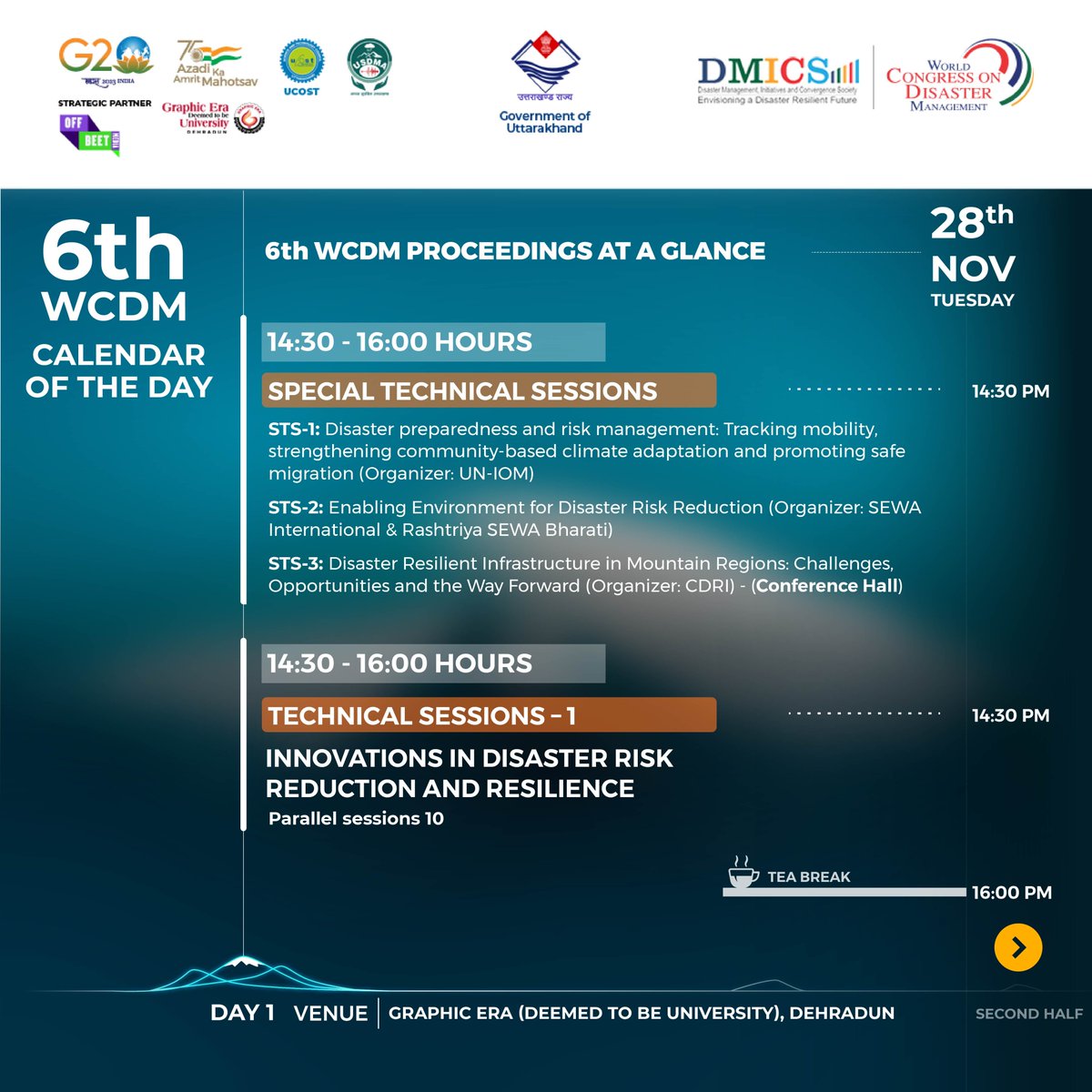 6WCDM2023's tweet photo. Day 1: Unlock a day of knowledge and innovation! Check out the schedule for November 28th at the 6th World Congress on Disaster Management.

#resurgentuttarakhand #WCDM #6WCDM #RuralDevelopment #UNESCO #WorldBank #GlobalDevelopment #ClimateChange #ReshapingDisasterResponse #BuildingResilientFuture #ClimateAction #DisasterPreparedness #researchforchange #graphiceradeemedtobeuniversity #graphicerahilluniversity