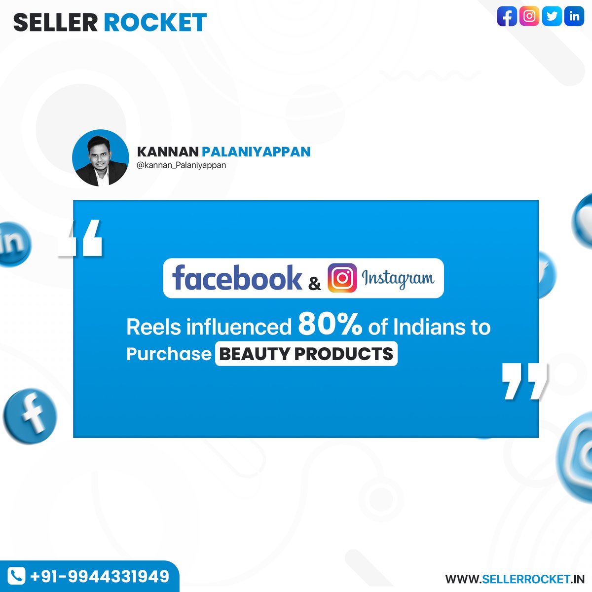 SellerRocket1's tweet photo. A new report by GWI has found that 80% of Indian consumers have purchased beauty products after being influenced by Reels. This is a testament to the power of short-form video content in engaging and inspiring viewers.

#sellerrocket #kannan #ceoquote #quoteoftheday https://t.co/ExCt9YPEP9