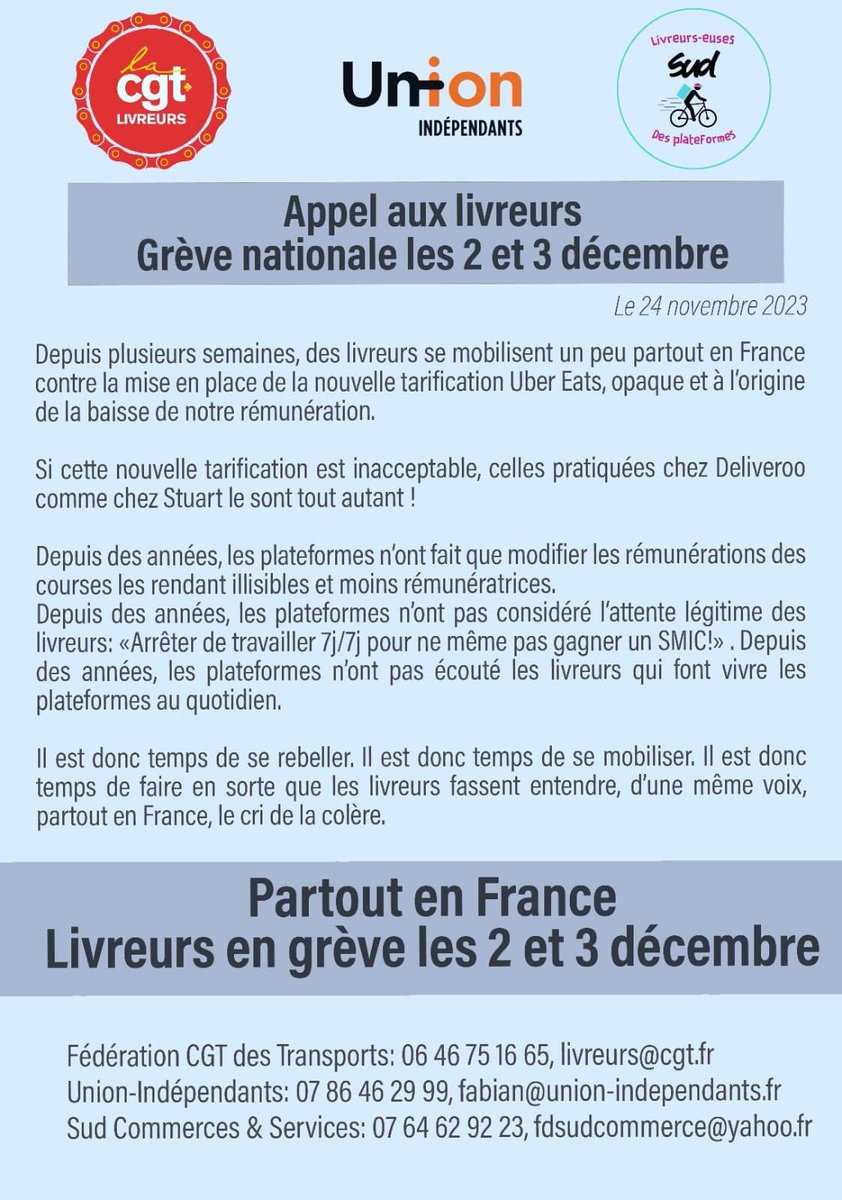 Une première dans l’histoire de la livraison de repas.

3 organisations syndicales représentatives appellent les livreurs <a href="/ubereats_fr/">Uber Eats France</a> , <a href="/Deliveroo_FR/">🍣 Deliveroo France</a> et <a href="/Stuart_Delivery/">Stuart</a> à se mettre en grève au niveau national les 2 et 3 décembre !