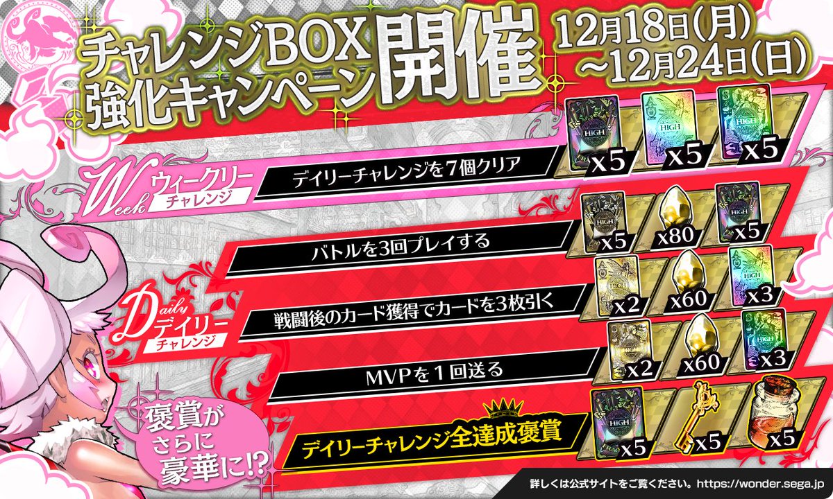 【予告】12/18(月)より、『チャレンジBOX強化キャンペーン』開催！
チャレンジボックスの褒賞が豪華になり、デイリーミッションの内容を緩和！
毎日プレイして豪華褒賞をGETしましょう！
↓詳細はコチラ！
wonder.sega.jp/info/#!/id:113…
#sega_wlw