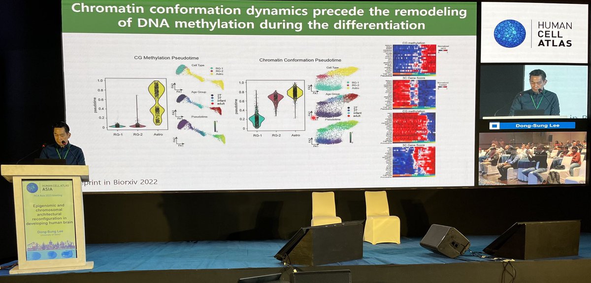 shyam_lab's tweet photo. Dong-Sung Lee, University Of Seoul, with another transformative single cell assay (sn-m3C-seq): sc multimodal chromatin conformation+dna methylation. Applied to fetal brain. Chromatin confirmation changes preceded remodeling of dna methylation during differentiation. #HCA2023Asia https://t.co/bWirLkt8Oy
