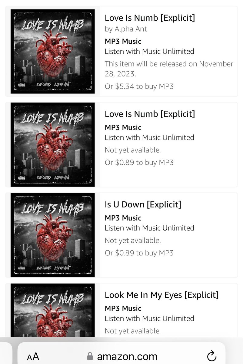 AlphaAntMusic's tweet photo. Love Is Numb Out Now On All Platforms ‼️

                           💿🥶🖤🎶
 Apple Music https://t.co/vl4lO8tYt1

Spotify https://t.co/JKiIdbQcpG

YouTube https://t.co/jYRBtrhtHG

TIDAL https://t.co/FEkArGlmkN

Amazon Music https://t.co/GrzmKPE92J

https://t.co/KWbKf51pjv https://t.co/WQ0uIvzw1e
