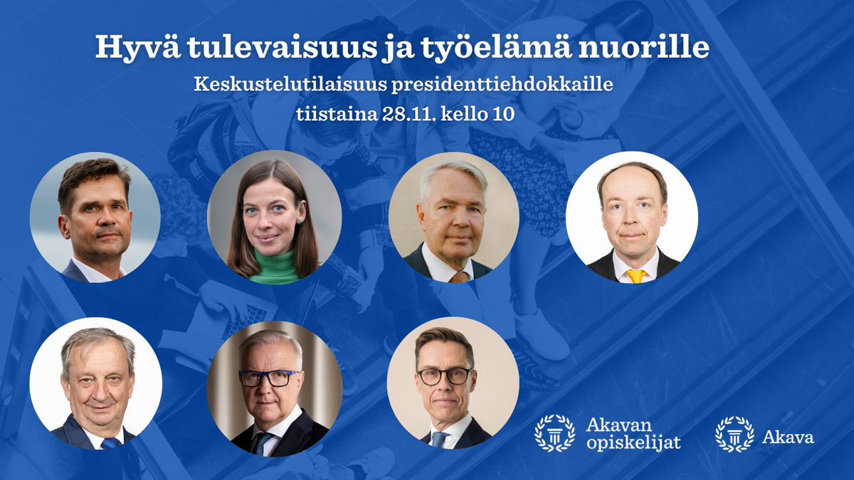 Tänään tiistaina 28.11. presidenttiehdokkaat istahtavat lauteille keskustelemaan nuorista ja heidän valinnoistaan arvojohtajina.

Tervetuloa linjoille kello 10:00 eteenpäin seuraamaan paneelia!

webcasting.fi/zz2afJpw/

#presidentinvaalit #nuoret #akava