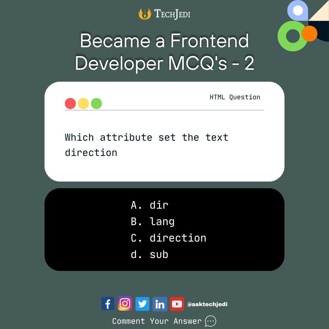 asktechjedi's tweet photo. Which attribute set the text direction ?
Register Now: https://t.co/Ana2AXXPOE
#html5 #coding #frontend #webdevelopment https://t.co/3lWv4K9Zn3