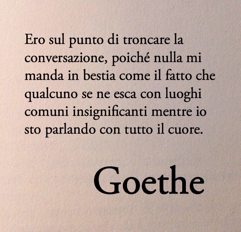 Ero sul punto di troncare la conversazione, poiché nulla mi manda in bestia come il fatto che qualcuno se ne esca con luoghi comuni insignificanti mentre io sto parlando con tutto il cuore.

Goethe, I dolori del giovane Werther 📚