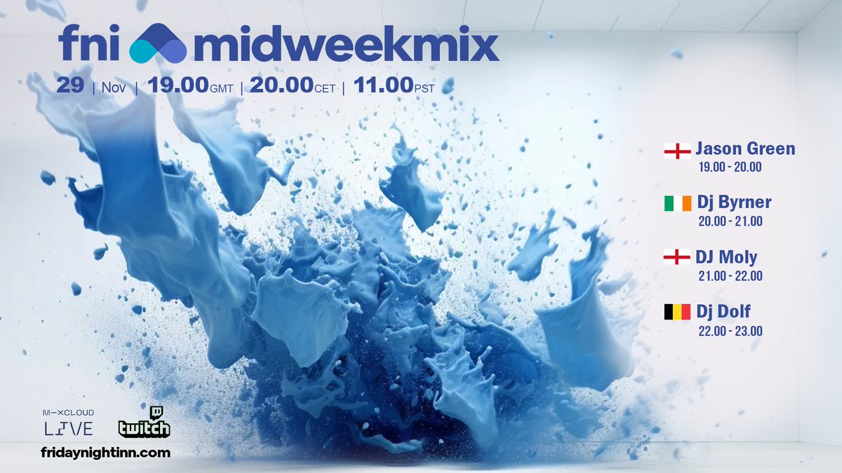 fridaynightinn's tweet photo. Fni presents : MidWeekMix
29th November 2023
19.00 GMT / 20.00 CET / 11.00 PST
https://t.co/TwQ4NjNwHQ https://t.co/Sp7Tyg2g9I