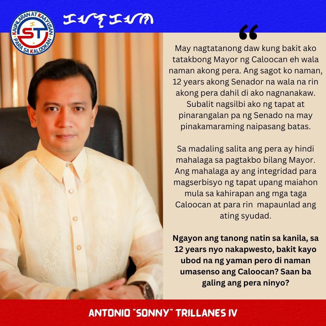 Lumaki ako mayor ng Caloocan ay Asistio, tapos Martinez, Malonzo, Echiverri at ngayon Malapitan. Napagiwanan na Caloocan sa Metro Manila kungdi palpak ay kurap nagiging Mayor. Ikakampanya at iboboto ko si Trillanes!