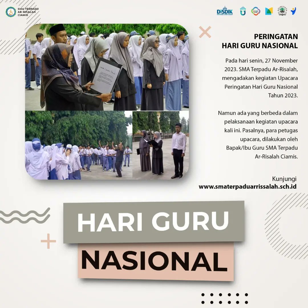 SMA_TARS's tweet photo. [SMATARS INFO]
Hai! #sahabatsamatars

Time is #smatarsinfo 📢 Senin, 27 November 2023. Kemarin pagi, dilapangan SMA Terpadu Ar-Risalah Ciamis, telah diadakan kegiatan Upacara Peringatan Hari Guru Nasional Tahun 2023.

“Bergerak Bersama, Rayakan Merdeka Belajar” https://t.co/0VLZ4dfQuQ