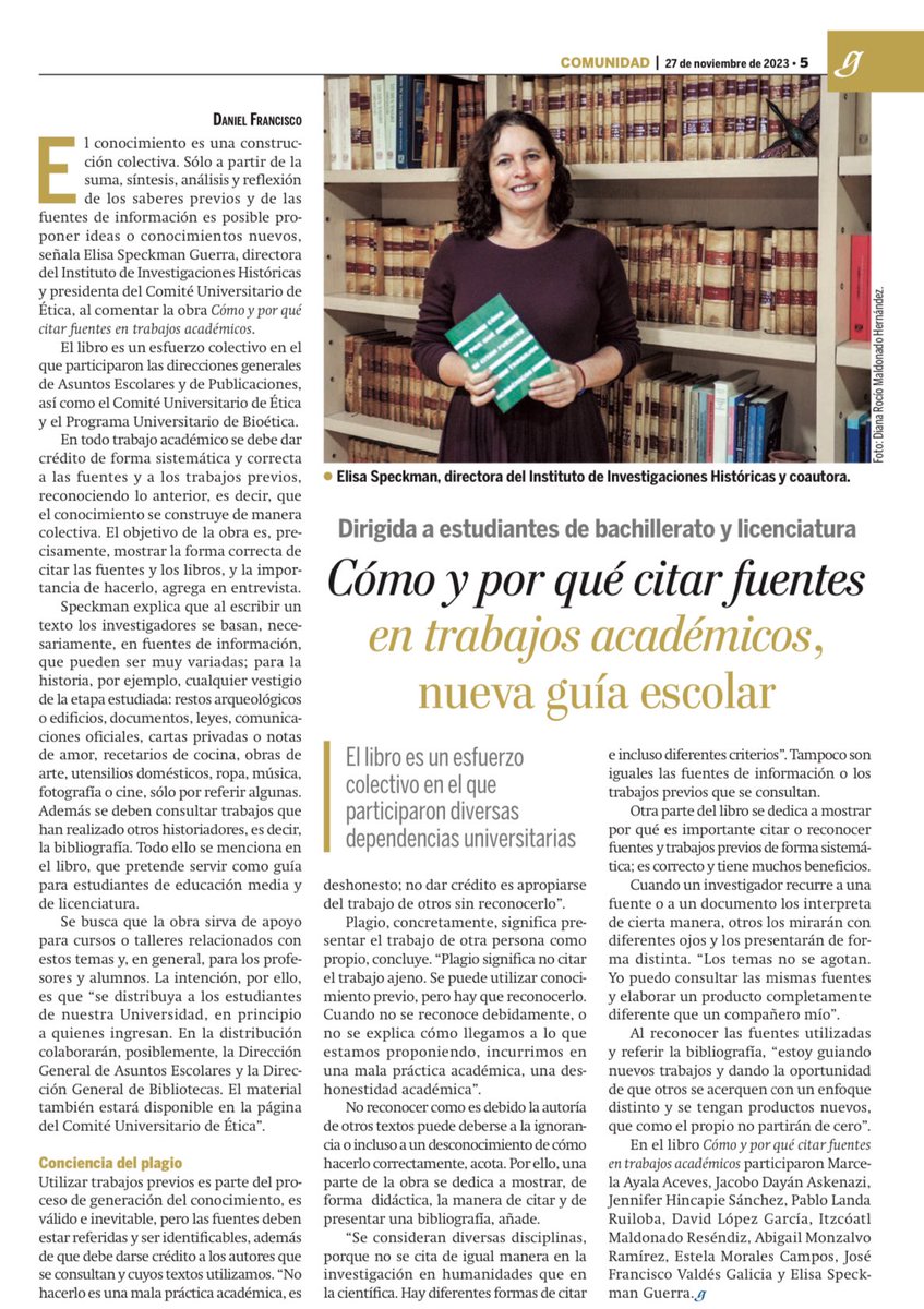 El libro “Cómo y por qué citar fuentes en trabajos académicos” es un esfuerzo colectivo de la Dirección de Asuntos Escolares y de Publicaciones, así como el Comité Universitario de Ética y el Programa Universitario de Bioética.
<a href="/itzmaldonado/">Itzcóatl Maldonado Reséndiz</a> <a href="/jehinsan/">Jennifer Hincapie Sanchez</a>
👉🏼gaceta.unam.mx/wp-content/upl…