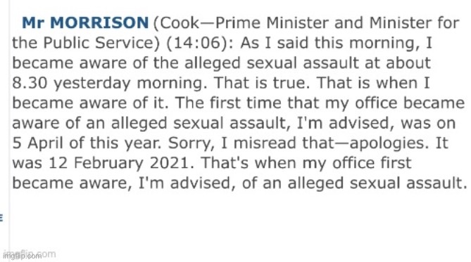 @bugwannostra @kathscadding Yet here’s Morrison 16 Feb 20121 at his Jen has a way of clarifying things. Always has-presser

Later that day in P/ment he’d have us believe he first became aware, of the alleged sexual assault, the previous morn. 

666 days after it allegedly occurred 

#BruceLehrmann