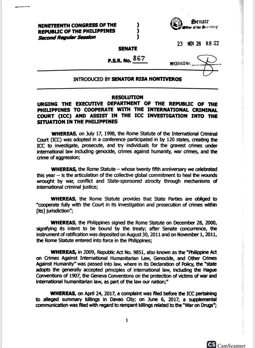 inquirerdotnet's tweet photo. JUST IN; Opposition Senator Risa Hontiveros files a resolution urging Malacañang to cooperate with the International Criminal Court and assist the international tribunal in its investigation of the human rights situation in the Philippines. | @charieabarcaINQ https://t.co/NGB4OyOUzY