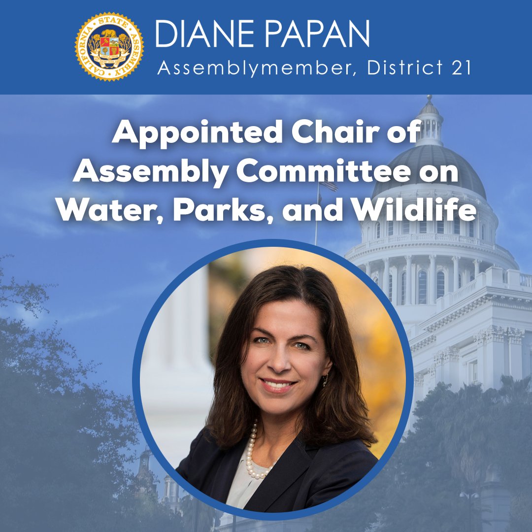 Assemblymember Diane Papan (@asmdianepapan) on Twitter photo Incredibly honored to be named chair of the Assembly Committee on Water, Parks, and Wildlife by <a href="/CASpeakerRivas/">Speaker Robert Rivas</a>. I look forward to improving our water resources, flood control and protection, and maintaining the health of our world-renowned natural treasures. Incredibly honored to be named chair of the Assembly Committee on Water, Parks, and Wildlife by <a href="/CASpeakerRivas/">Speaker Robert Rivas</a>. I look forward to improving our water resources, flood control and protection, and maintaining the health of our world-renowned natural treasures.