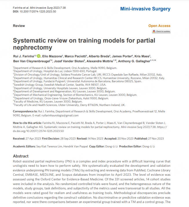 🎉Newly Published: Systematic review on training models for partial nephrectomy
👥@FarinhaUrologia <a href="/elio_mazzone/">Elio Mazzone</a> <a href="/Marco_Paciotti_/">Marco Paciotti</a>  <a href="/AlbertoBreda1/">Alberto Breda</a> <a href="/JamesPorterMD/">James Porter</a> <a href="/Uro_Kris/">Kris Maes</a> <a href="/alexmottrie/">Alex Mottrie</a> 
🔺robot-assisted partial nephrectomy, construct validation
💐oaepublish.com/articles/2574-…