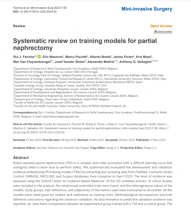 🎉Newly Published: Systematic review on training models for partial nephrectomy 👥@FarinhaUrologia @elio_mazzone @Marco_Paciotti_ @AlbertoBreda1 @JamesPorterMD @Uro_Kris @alexmottrie 🔺robot-assisted partial nephrectomy, construct validation 💐oaepublish.com/articles/2574-…