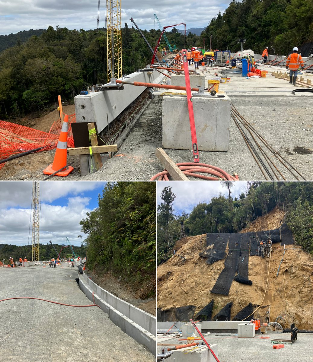 Workers continue to make great progress on the bridge we're building over the slip on SH25A in Coromandel. Last week they began securing the side barriers to the bridge, which you can see in the top photo below. Over half have been secured, and the rest will be done this week.