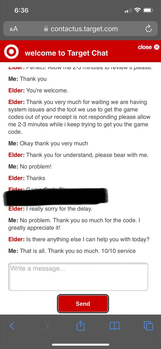 leaeloise's tweet photo. @Target Called the target I purchased an xbox game from to get the receipt/game code since I threw away the one I had and they told me they couldn’t do anything and hung up. Went to Target Chat and they were able to get the game code. Online customer service 10/10 thank you! https://t.co/cO9nS2vbMf