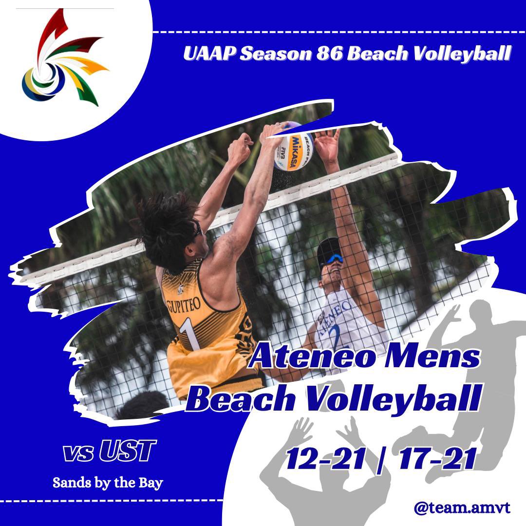 TeamAMVT's tweet photo. In a beach volleyball clash that echoed with intensity, Ateneo displayed unwavering spirit but bowed to UST with a score of 12-21 and 17-21. Despite the setback, the Blue Eagles are gearing up for a fierce fight in the battle for bronze. 

#TeamAMVT  #UAAP86 #UAAPBeachVolleyball https://t.co/50dw80w538