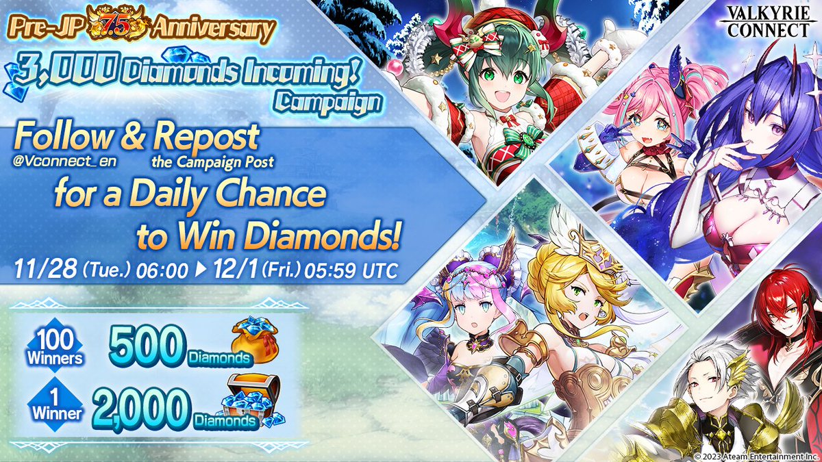 vconnect_en's tweet image. [Day 1]
Pre-JP 7.5 Anniversary✨　

We&apos;re holding a 3-day campaign to celebrate 3,000 Diamonds coming to all players on 12/1!💎

★Entry★
①Follow @Vconnect_en
②Repost the campaign post🔃

⚠Until: 11/29 (Wed.) 05:59 UTC

More👉 bit.ly/40KQR2r

#ValkyrieConnect