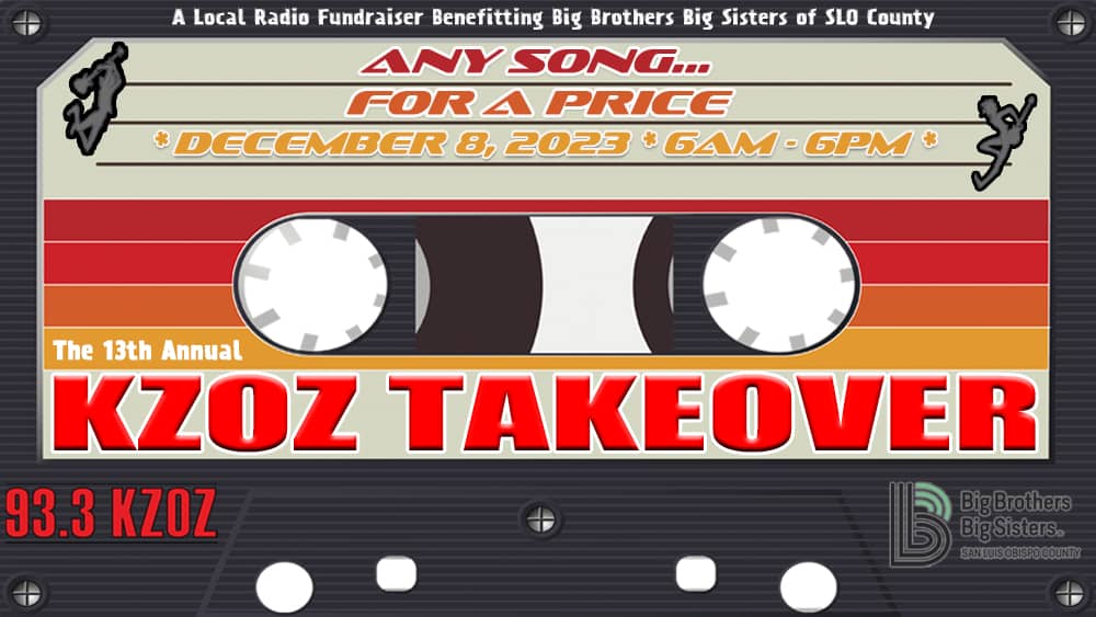Don't miss the KZOZ Takeover! Fri 12/8! We're rockin for a cause with Big Brothers Big Sisters of SLO County! Request and donate with us on the 8th and help create the Central Coast's Mix Tape! kzoz.com/2023/11/27/kzo…