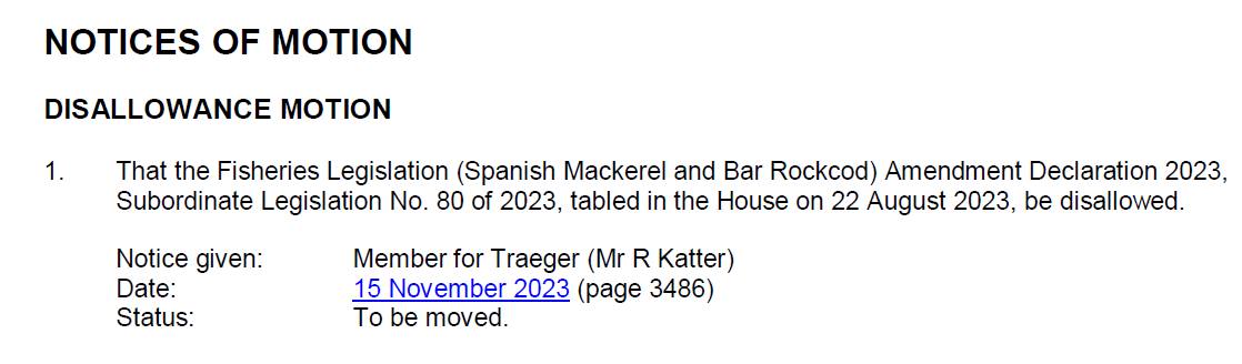 Tonight @KAPteam will move a disallowance motion in the Qld Parliament to delay the effective shutdown of the Spanish Mackerel industry. #qldpol