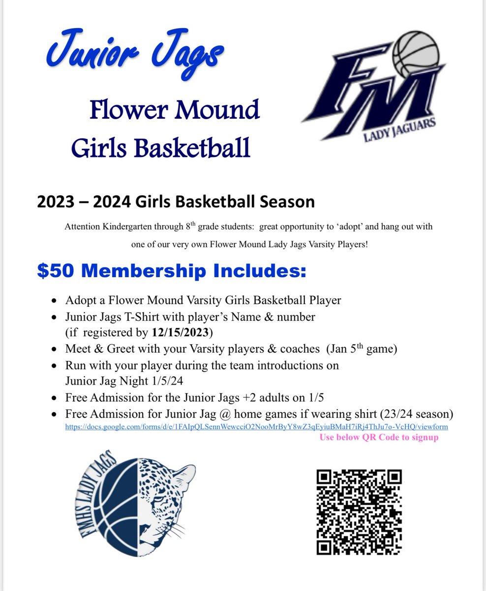 fmhsladyjags's tweet photo. We have a fun way for your future Lady Jag to come hang with us this season!

Join us as a Junior Jag! You will “adopt” a varsity player and join us on the court prior to our home game vs. Marcus. Check out the other awesome perks listed!

Sign up today:
https://t.co/4ts0BPkSuc https://t.co/RbnQwJh4my