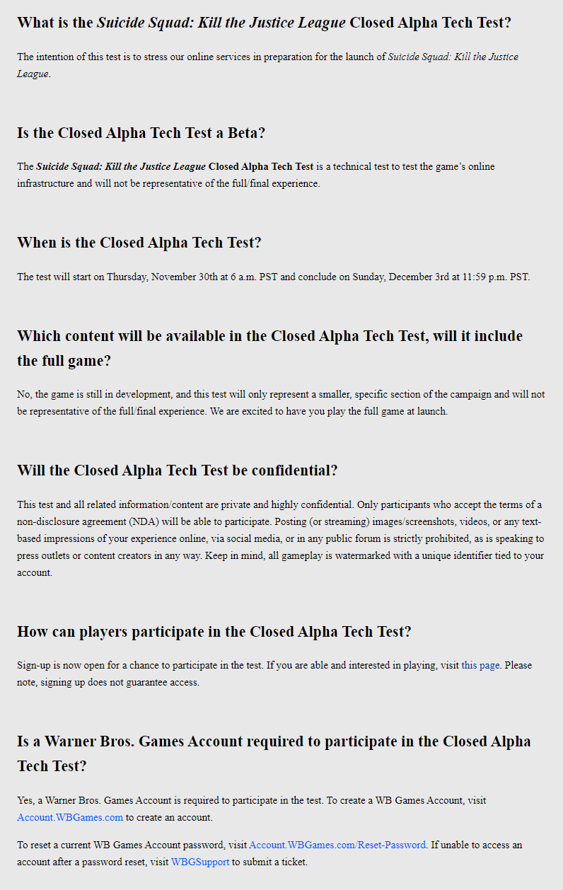 Miller Ross on X: Suicide Squad Kill the Justice League: Closed Alpha Tech  Test FAQ - Server stress test - Codes go out on Wednesday, test starts on  Thursday, ends on Sunday 