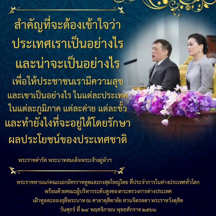 พระราชดำรัสในหลวงพระราชทานแก่ เอกอัครราชทูตและกงสุลใหญ่ไทย ที่ประจำการในต่างประเทศทั่วโลก ที่เดินทางมาร่วมการประชุมเอกอัครราชทูต และกงสุลใหญ่ที่ปฏิบัติราชการอยู่ใน 65 ประเทศทั่วโลก ระหว่างวันที่ 19-24 พฤศจิกายน 2566 ณ ศาลาดุสิดาลัย สวนจิตรลดา พระราชวังดุสิต