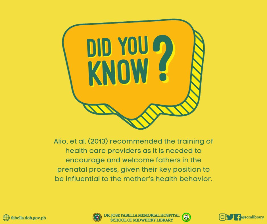 somlibrary's tweet image. Alio, et al. (2013) recommended the training of health care providers as it is needed to encourage and welcome fathers in the prenatal process, given their key position to be influential to the mother’s health behavior.

#SOMLibrary