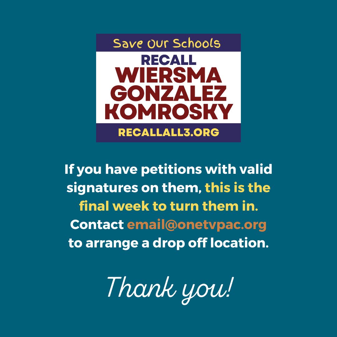 onetvpac's tweet photo. If you have petitions with valid signatures on them, this is the final week to turn them in. Contact email@onetvpac.org to arrange a drop off location.
https://t.co/0iTmmgAI7C
#RecallAll3
#RecallKomrosky
#RecallGonzalez
#RecallWiersma
#TVUSD #1tvpac #OneTemeculaValleyPAC https://t.co/80sKAxspNr
