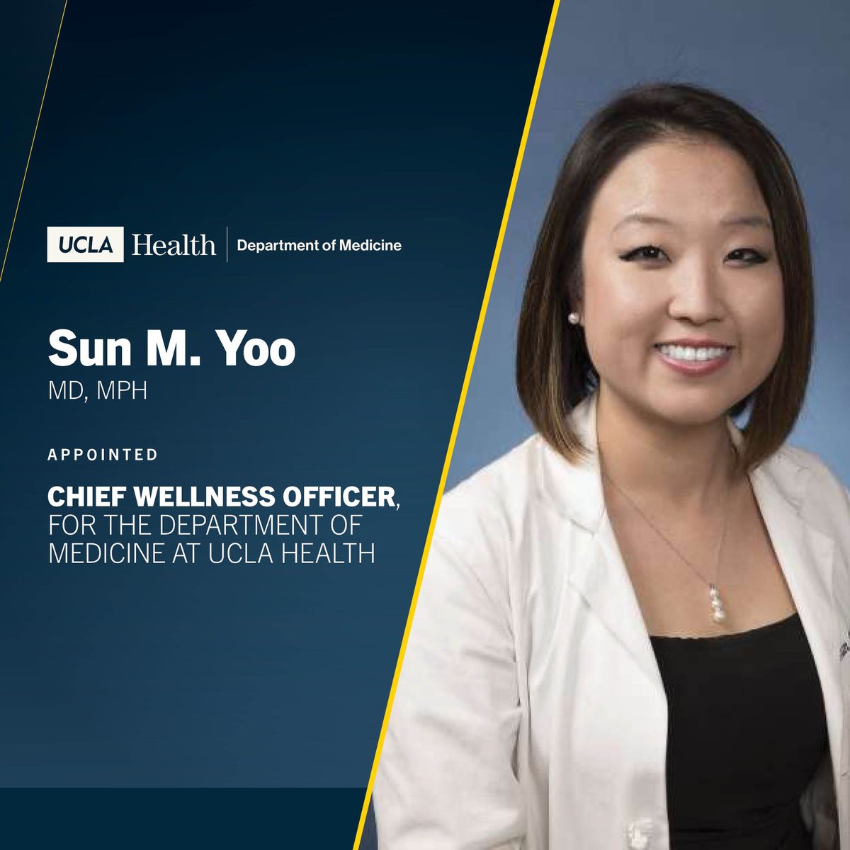 We are pleased to announce that Sun M. Yoo, MD, MPH has been appointed chief wellness officer for the Department of Medicine at UCLA Health. Join us in congratulating Dr. Yoo as she assumes this new leadership role! Learn more at bit.ly/3uGaI6G.