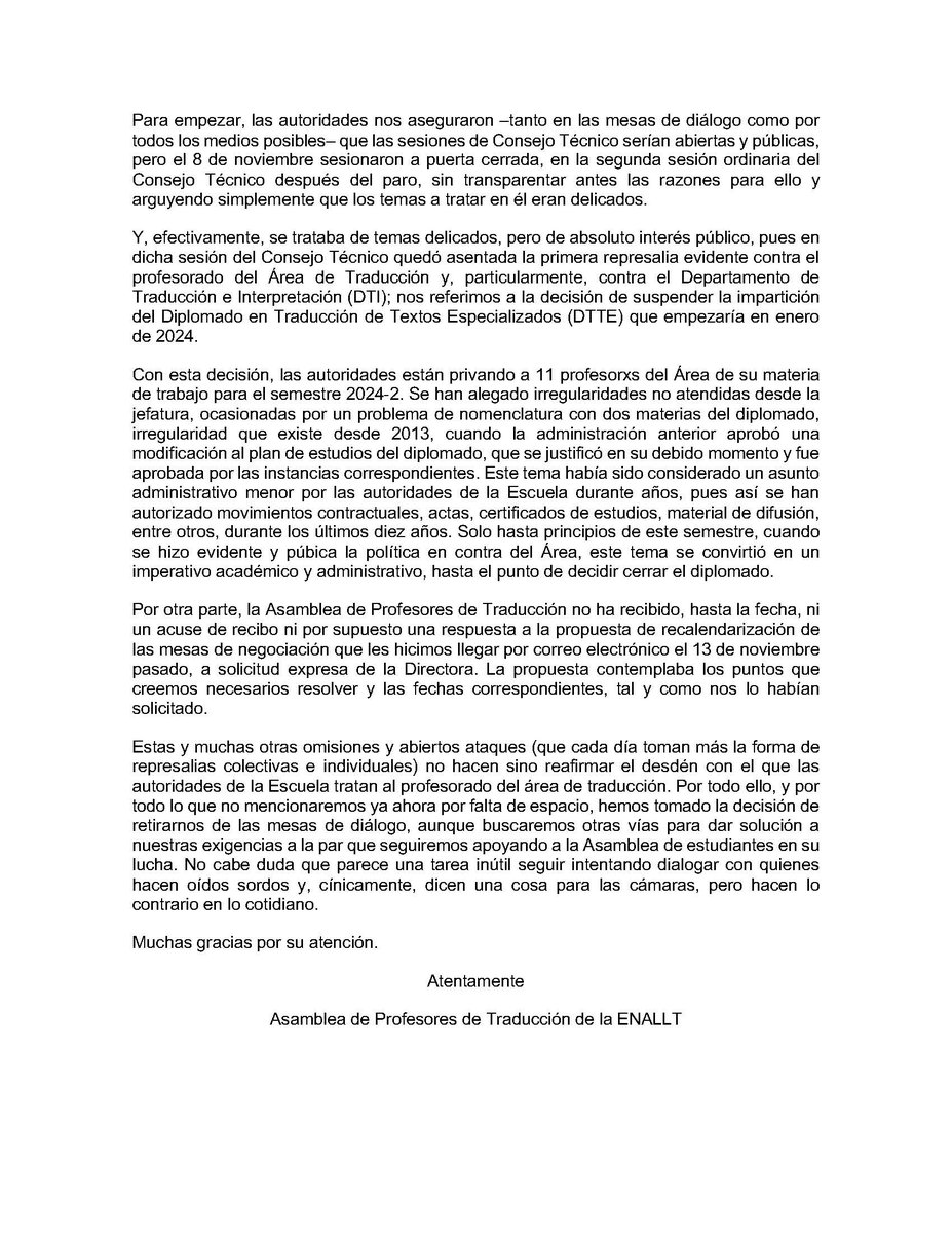 A toda la comunidad, les compartimos información importante sobre la difícil y más que lamentable situación que atraviesa el área de Traducción de la ENALLT.