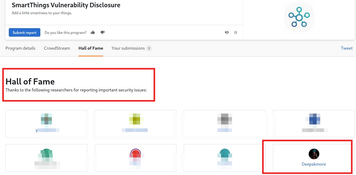 s4msec's tweet photo. Hall Of Fame From  @smartthings

#bugbounty #bugcrowd #cyber #privacy #HOF https://t.co/xs6KaUad5G