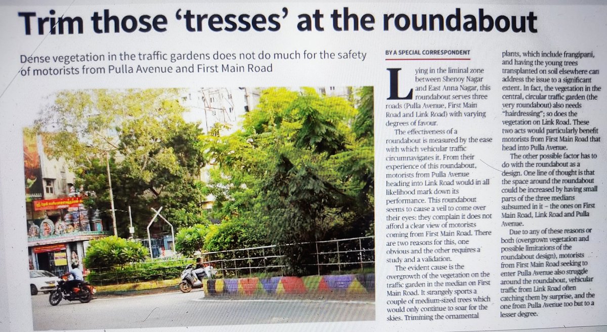 <a href="/chennaicorp/">Greater Chennai Corporation</a>  at the 3-road  roundabout (Pulla Avenue, First Main Rd, Link Rd) in Shenoy Nagar,  motorists from Pulla Avenue have a blinkered view of the roundabout while circumnavigating it towards Link Road, due to  DENSE VEGETATION ON THE TRAFFIC GARDEN ON FIRST MAIN ROAD