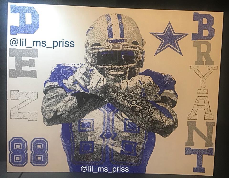 th3nicoletaylor's tweet photo. @DezBryant I miss this😩😩😩 I’m bout to edit this pic tho bc the way my skills are now this background can be so much better🙌🏾  #dezbryant #throwuptheX #dallascowboys #cowboynation @dallascowboys @CowboysNation #dallas #pointillism #artist #sharpieart @Sharpie https://t.co/Cn7ub0r4Zd