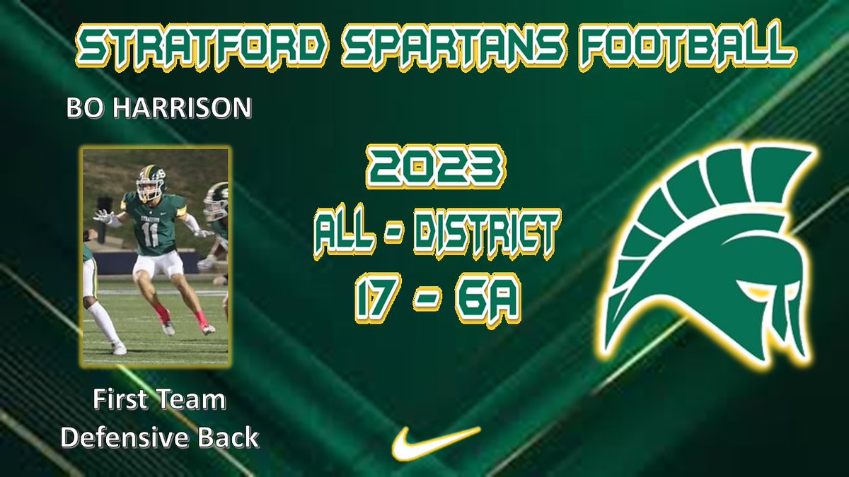 StratfordFB1's tweet photo. Congrats to @Boharrison24 for earning 17-6A All District honors this season! We are proud of you!!!   @StratfordFB1 @SHS_BoosterClub #SpartanPride https://t.co/iRtW4gjvDF